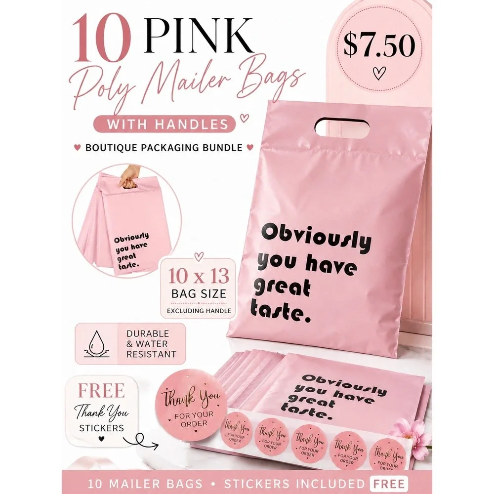 10x13 Poly Mailer Bags with Handles 10pk Pink Boutique Shipping Supplies New